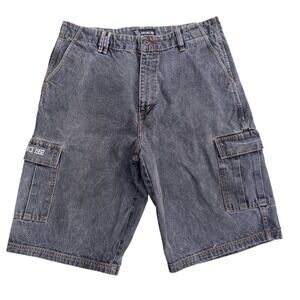 FUBU Mens Baggy Cargo Denim Shorts Washed Black Gray Since 1992 Size 38 Vintage